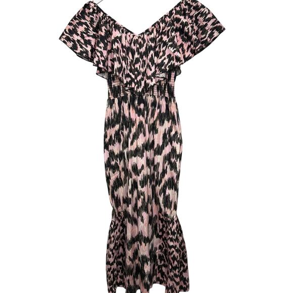 MariaCher Dabir Cotton Ruffle Trim V Neck Smocked Midi Dress Size S Pink Black - Picture 9 of 9